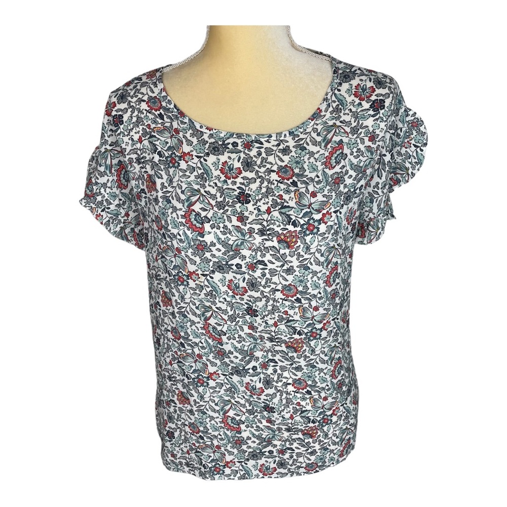 LOFT floral print blouse blue gray red size XS
